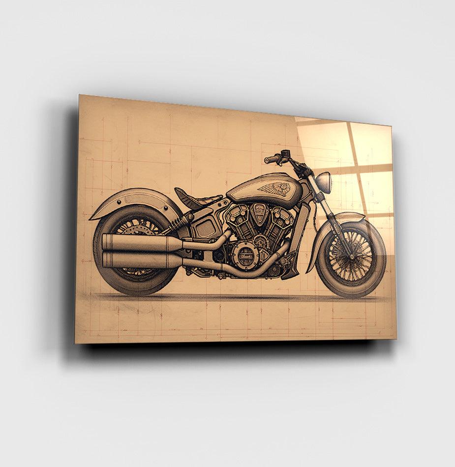 Indian Scout Bobber Motorcycle Abstract Schematic Glass Wall Art